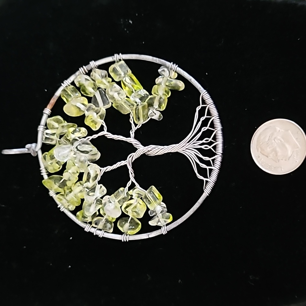 Tree of life green stone large wire wrap pendant